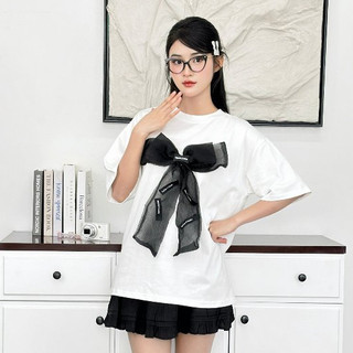 (SALE) Áo phông nữ ngắn tay form rộng đính nơ to cổ tròn màu trắng basic hottrend cotton mát hàng thiết kế AP23 DELIZ
