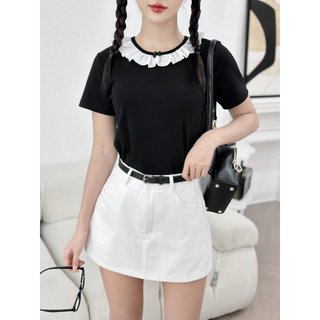 (SALE) Áo kiểu nữ cổ tròn phối ren đính nơ ngắn tay form vừa chất cotton mát phong cách tiểu thư basic AK01