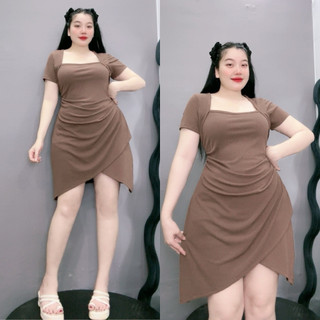 Đâm Bigsize Nữ Thiết Kế Ôm Body Cổ Vuông Tay Ngắn Xẻ Tà Nhọn Thời Trang Đi Tiệc Vải Thun Gân G658