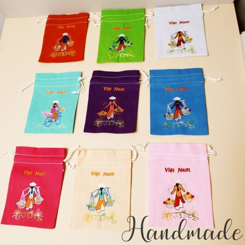 Túi vải cotton dây rút thêu cô gái áo dài Việt Nam, hoa xinh các size ...