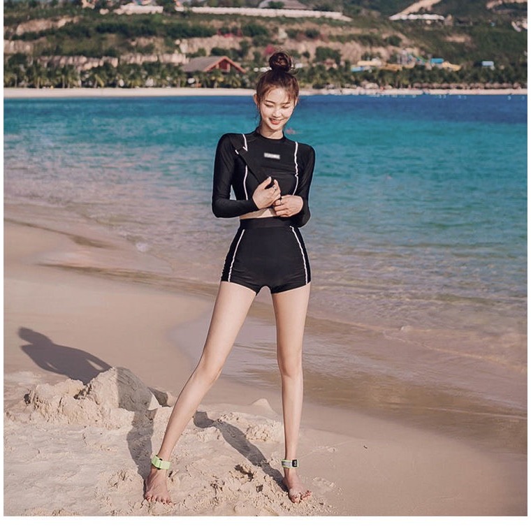 Set bộ đồ bơi bikini áo tắm 2 chi tiết áo tay dài + quần đùi họa tiết kẻ sọc ôm body có đệm ngực BA BKN35