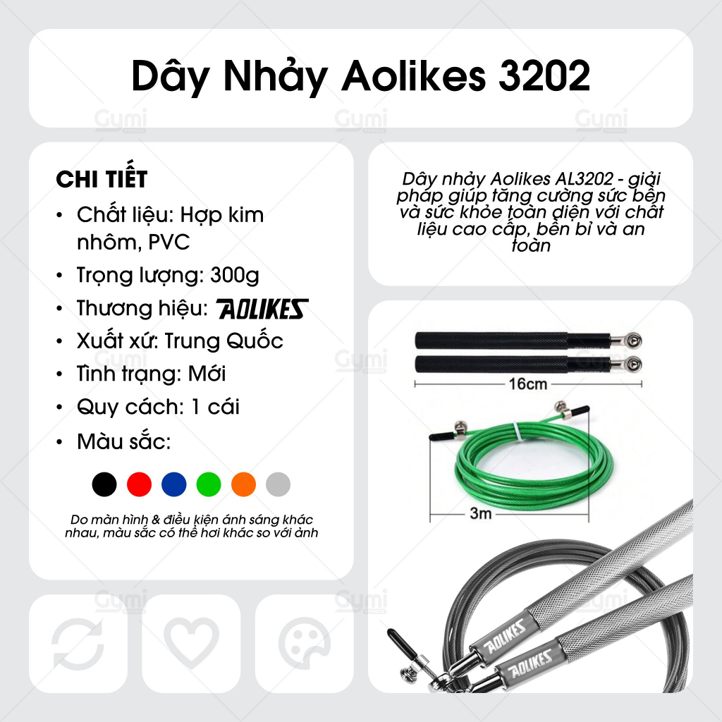 Dây Nhảy Thể Dục, Dây Nhảy Thể Lực Lõi Thép Tay Nắm Hợp Kim Nhôm Cao Cấp Aolikes AL3202 - DN-AL3202