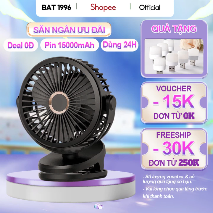 Quạt điện mini 15000mAh, quạt kẹp bàn xoay 720 độ, máy quạt mini cực mát mùa hè, quạt mini kẹp để bàn Pin trâu BAT 1996