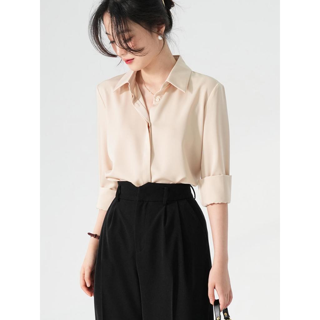 Áo sơ mi công sở nữ đẹp kiểu Hàn Quốc form rộng tay dài chất lụa cao cấp màu Trắng Be Đen Xanh Hồng