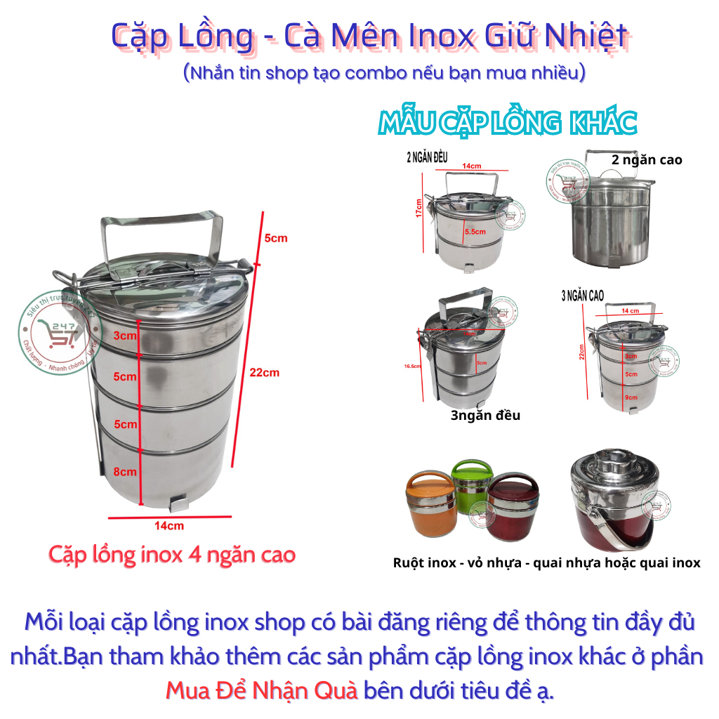 Cà mên cà men cặp lồng inox giữ nhiệt đựng cơm 4 ngăn - 3 ngăn - 2 ngăn ...
