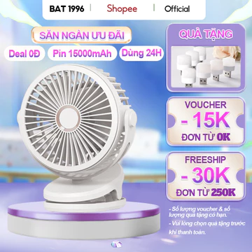 Quạt mini sạc điện Pin khủng, quạt kẹp bàn tích điện, quạt điện mini để bàn nhỏ gọn, quạt kẹp tích điện bền bỉ, BAT 1996