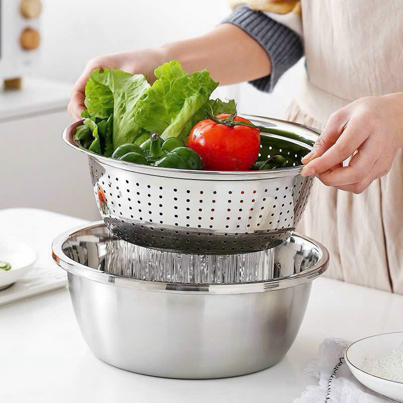 [CHÍNH HÃNG]Bộ rổ inox kèm nạo rau củ 3 chi tiết, vỉ bào rau củ đa năng ...