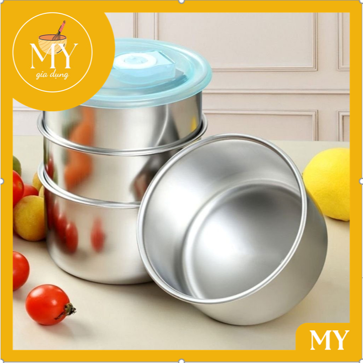 Combo hộp đựng thức ăn tròn bằng inox có nắp nhựa đậy chống tràn thức ăn ra ngoài tiện lợi - Bát inox đựng thực phẩm.