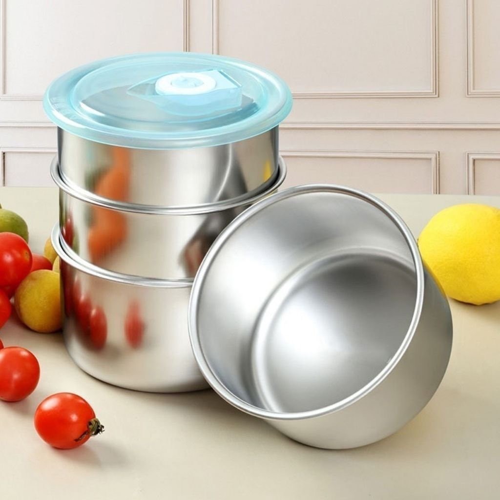 Combo hộp đựng thức ăn tròn bằng inox có nắp nhựa đậy chống tràn thức ăn ra ngoài tiện lợi - Bát inox đựng thực phẩm.