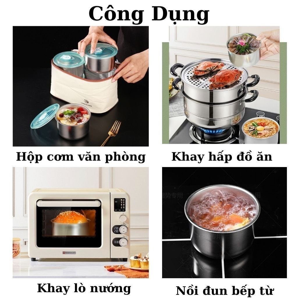 Combo hộp đựng thức ăn tròn bằng inox có nắp nhựa đậy chống tràn thức ăn ra ngoài tiện lợi - Bát inox đựng thực phẩm.