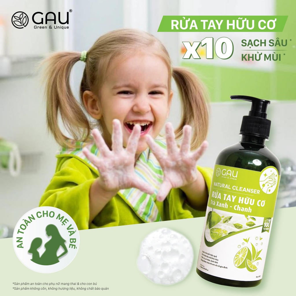 Nước Rửa Tay Hữu Cơ Thiên nhiên Lên Men GAU Trà Xanh Chanh Bay Mùi tanh Sạch Dầu Mỡ 1 lần rửa 500ml