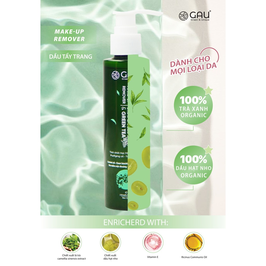 Dầu Tẩy Trang Tự nhiên Hạt Nho Trà Xanh GAU Sạch mụn đầu đen Đánh bay Makeup chống trôi 150ml
