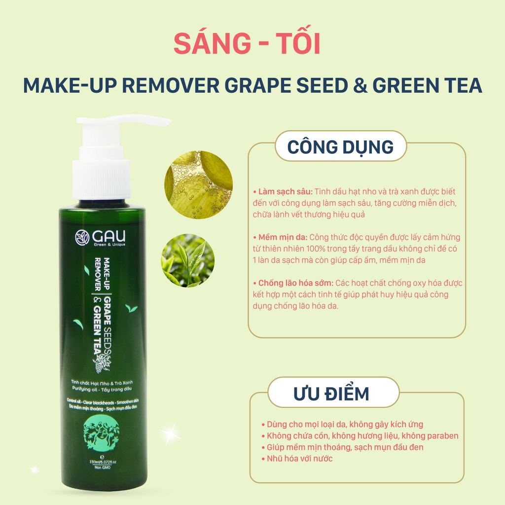 Dầu Tẩy Trang Tự nhiên Hạt Nho Trà Xanh GAU Sạch mụn đầu đen Đánh bay Makeup chống trôi 150ml