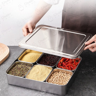 Khay Inox 4/6/8 NGĂN 1 BỘ Đựng topping trà sữa, Topping bánh mì, gia vị,thực phẩm Kèm Nắp Inox