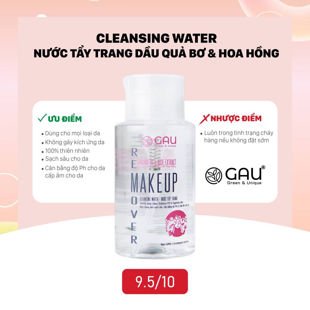 Nước Tẩy Trang Tự nhiên Không cồn Sạch sâu Căng Mịn da GAU Make Up Remover Avocado oil & Rose flower
