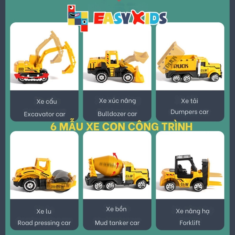 Bộ xe đồ chơi mô hình hợp kim container kỹ thuật xây dựng nhiều chi tiết như thật có đèn nhạc