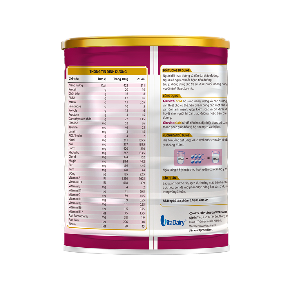 Ảnh Sữa bột Gluvita Gold 900g (cho người tiểu đường) - VitaDairy 1