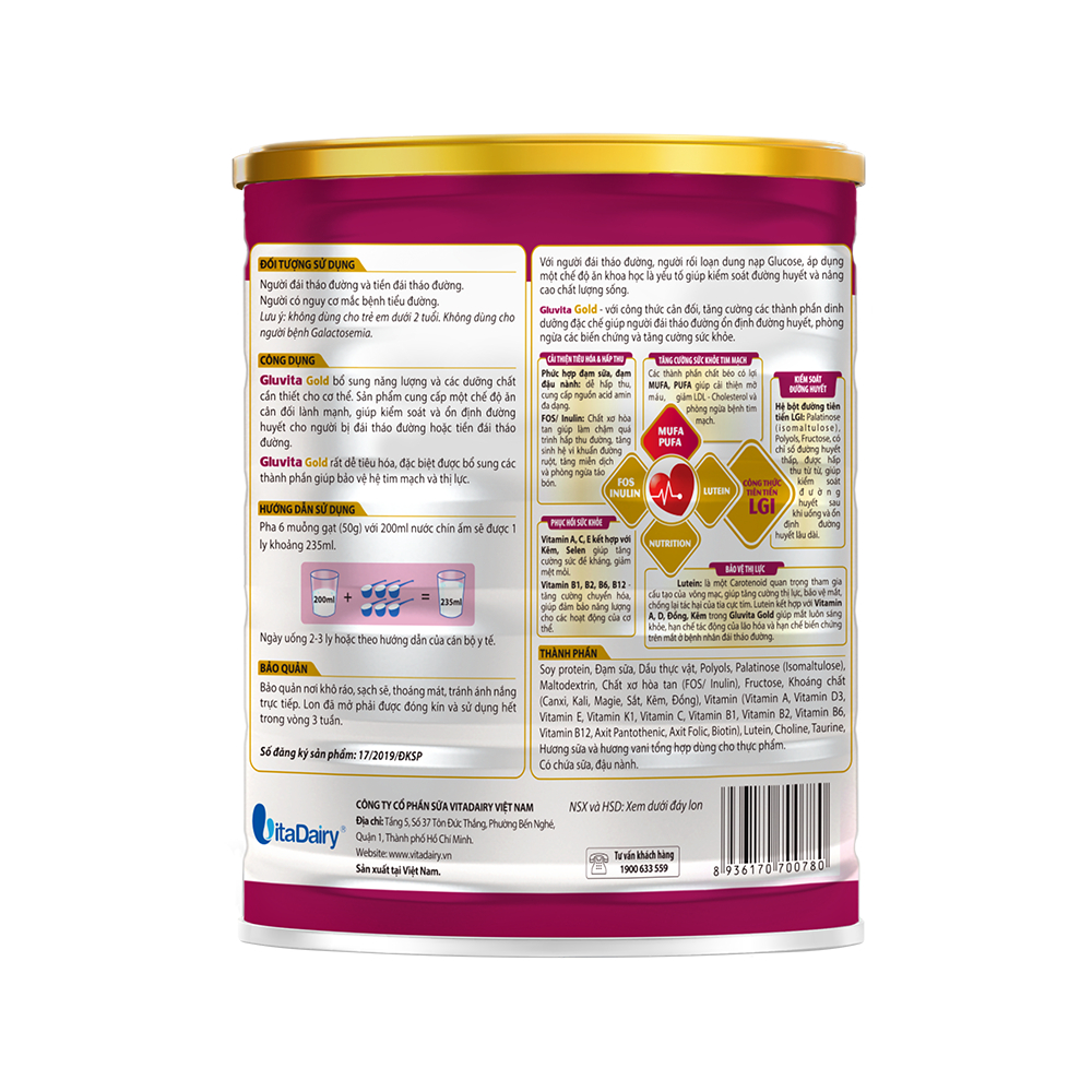 Ảnh Sữa bột Gluvita Gold 900g (cho người tiểu đường) - VitaDairy 2