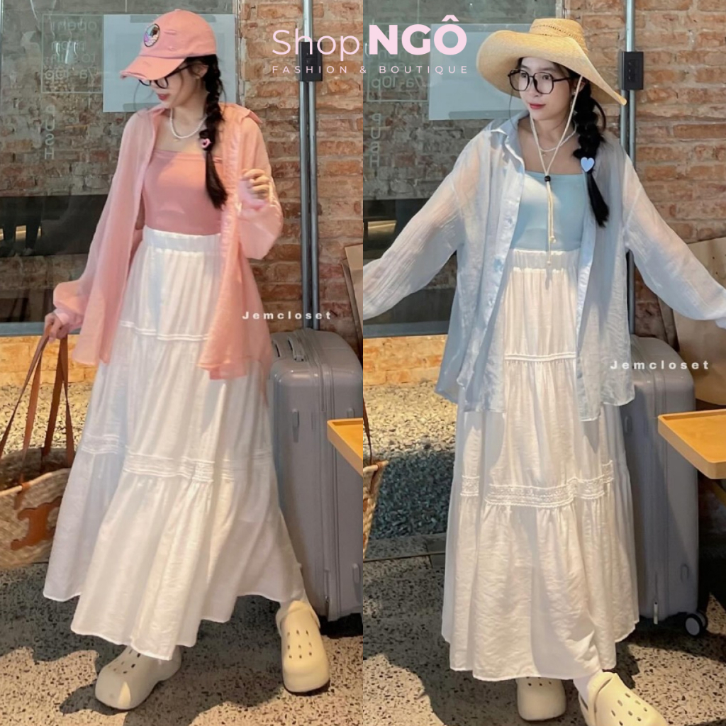 Set váy nữ 3 món áo 2 dây croptop kèm khoác sơ mi tơ nến phối chân váy ...