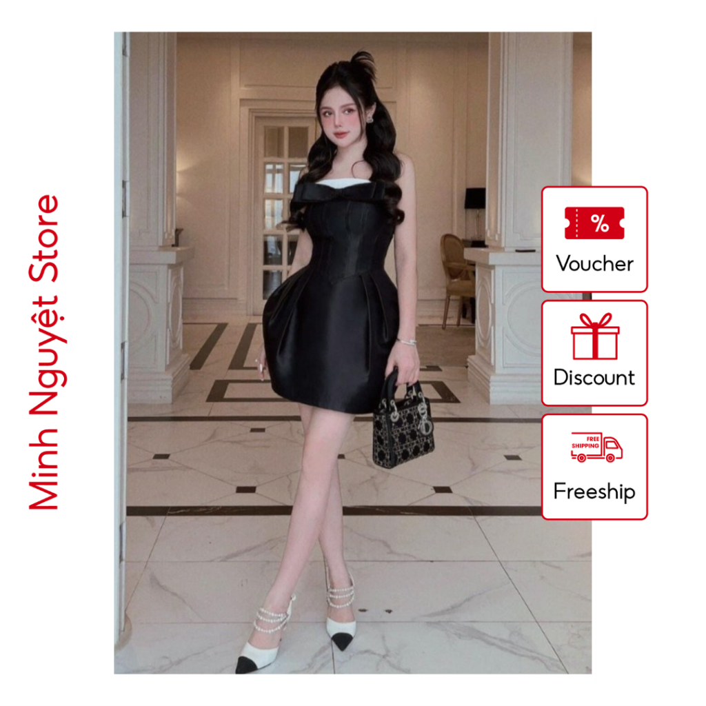 Đầm Cup Ngực Đính Nơ Bánh Bèo Sang Chảnh, Đầm Dự Tiệc Công Chúa Dáng Bồng Dễ Thương