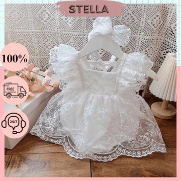 Body váy thiết kế ren trắng sơ sinh bé gái 3-10kg. Body suit đầy tháng, thôi nôi bé gái. Stella Shop