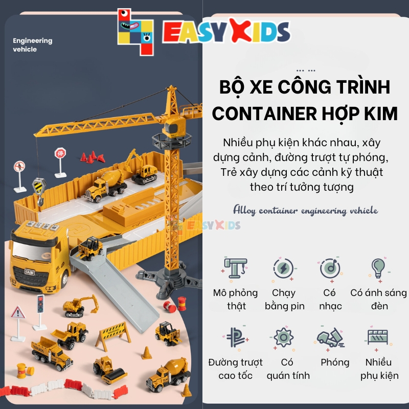 Bộ xe đồ chơi mô hình hợp kim container kỹ thuật xây dựng nhiều chi tiết như thật có đèn nhạc