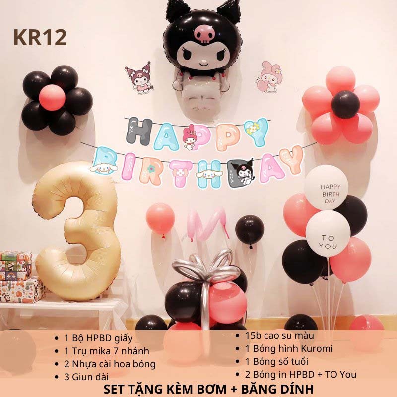 Product image [KÈM QUÀ TẶNG-GIAO HỎA TỐC]Set bóng trang trí sinh nhật chủ đề hoạt hình Kuromi Sanrio đủ mẫu cho bé KRM012