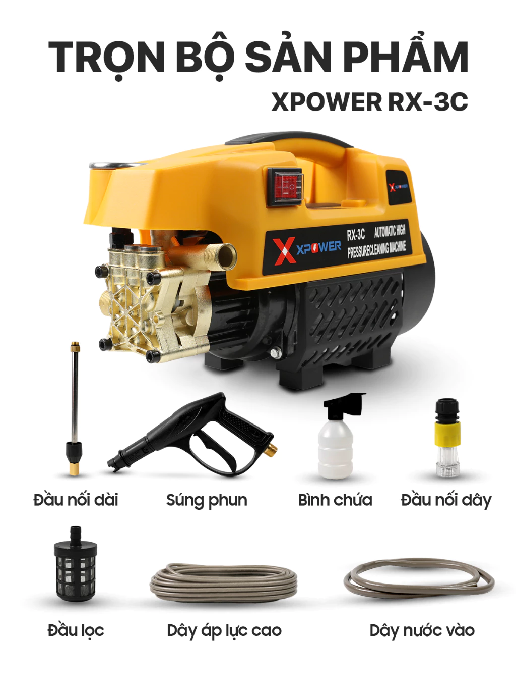 Máy xịt Rửa Xe 3800W XPOWER RX-3C Áp Lực Cao,Máy xịt rửa gia đình, tặng bình bọt tuyết