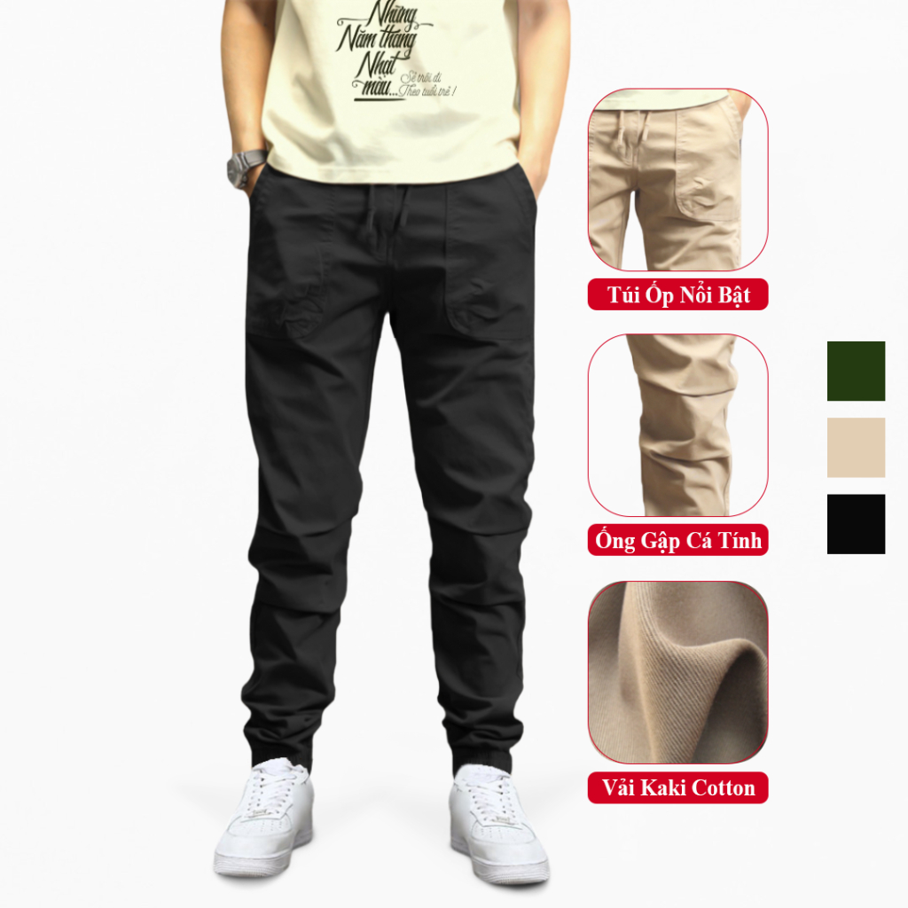 Quần Jogger Kaki Túi Ốp Nam Cạp Chun Bo Gấu VICENZO Vải Cotton Dày Dặn. Jogger Kaki Nam