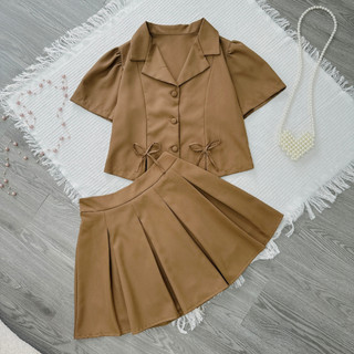 Bộ Blazer Nữ CÓ BIGSIZE Gồm Áo Vest Xẻ Tà Gắn Nơ Dễ Thương Kèm Chân Váy Xếp Ly Lưng Chun SET72