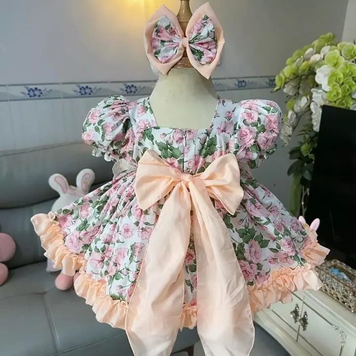 Váy Lolita Hoa Hồng Bèo Cam Tay Bồng Kèm Chíp Và Tuban 4-20 Kg,Váy Cho Bé Gái Đầy Tháng Sinh Nhật Du Lịch Chất Thô Cotto