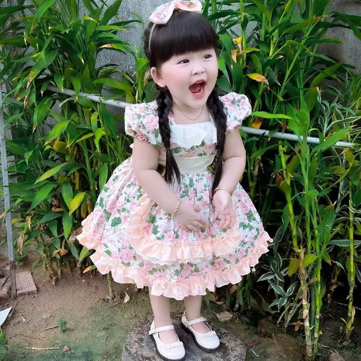 Váy Lolita Hoa Hồng Bèo Cam Tay Bồng Kèm Chíp Và Tuban 4-20 Kg,Váy Cho Bé Gái Đầy Tháng Sinh Nhật Du Lịch Chất Thô Cotto