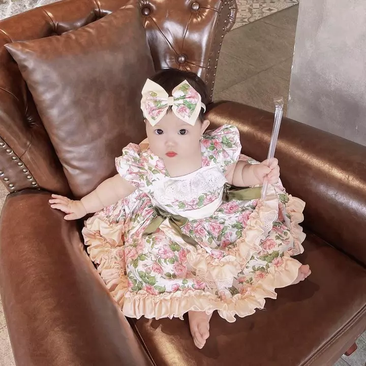 Váy Lolita Hoa Hồng Bèo Cam Tay Bồng Kèm Chíp Và Tuban 4-20 Kg,Váy Cho Bé Gái Đầy Tháng Sinh Nhật Du Lịch Chất Thô Cotto