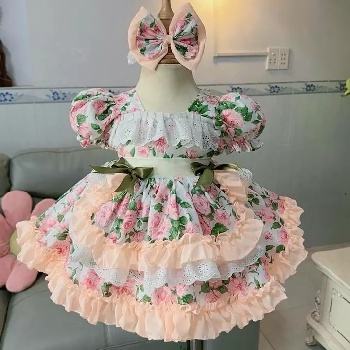Váy Lolita Hoa Hồng Bèo Cam Tay Bồng Kèm Chíp Và Tuban 4-20 Kg,Váy Cho Bé Gái Đầy Tháng Sinh Nhật Du Lịch Chất Thô Cotto