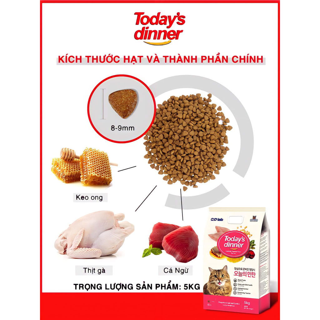 [5KG] TODAY'S DINNER ALL LIFE - Thức ăn hạt cho Mèo Mọi Lứa Tuổi dinh dưỡng ngừa búi lông nhập khẩu Hàn Quốc