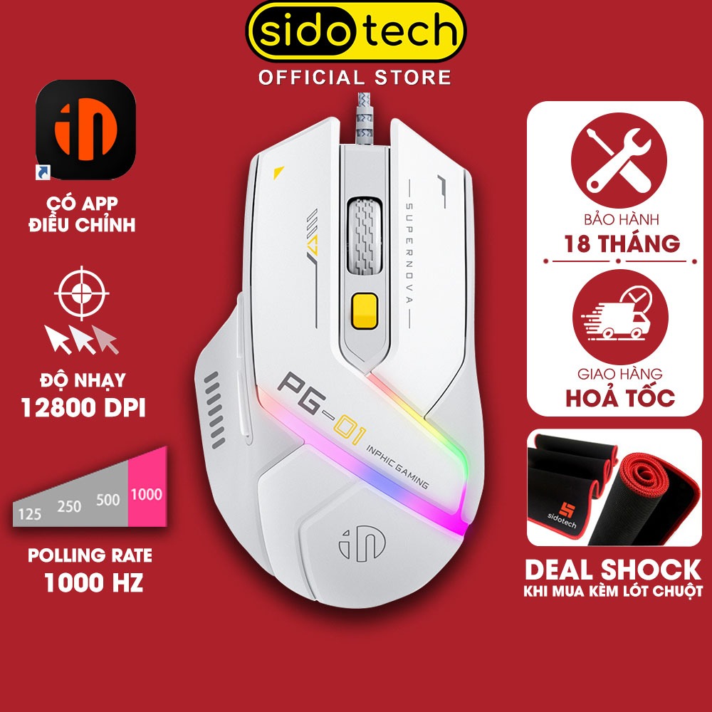 Chuột gaming có dây SIDOTECH INPHIC PG1 led RGB 6 nút 1000hz app chuột chơi game máy tính laptop công thái học cao cấp | BigBuy360 - bigbuy360.vn