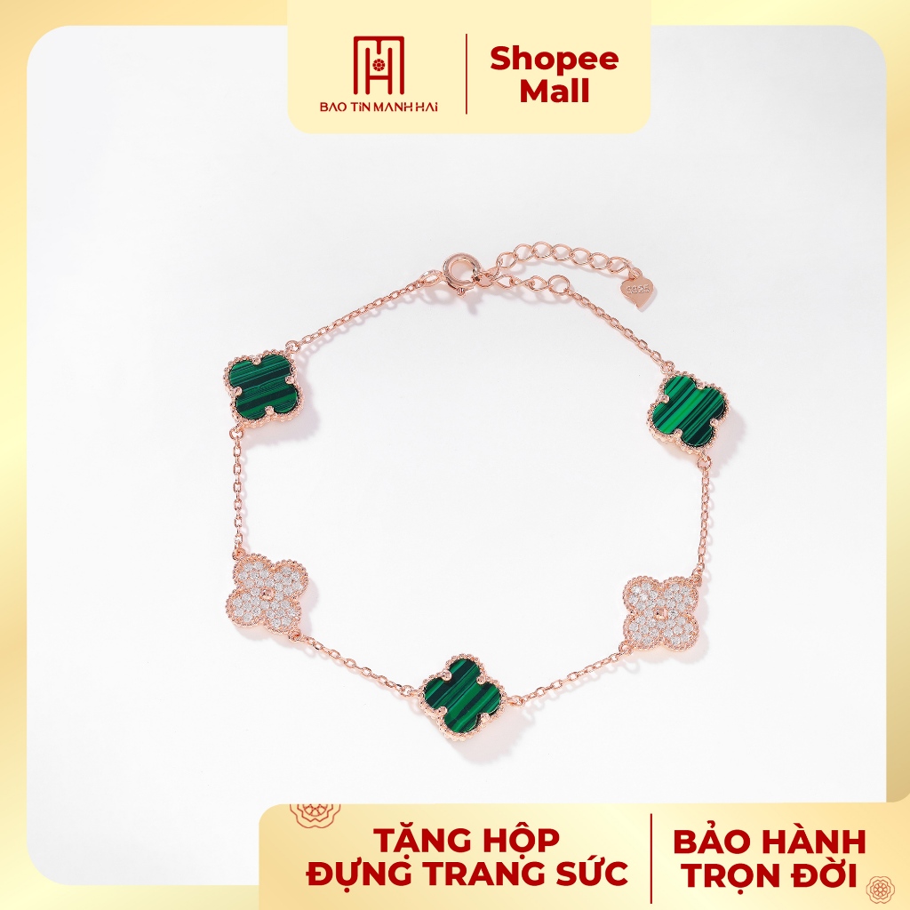 Ảnh Lắc tay bạc 925 xi hồng Bảo Tín Mạnh Hải họa tiết cỏ 4 lá đá vân xanh lá công nghệ HongKong BCLTB92KDH-309006 1