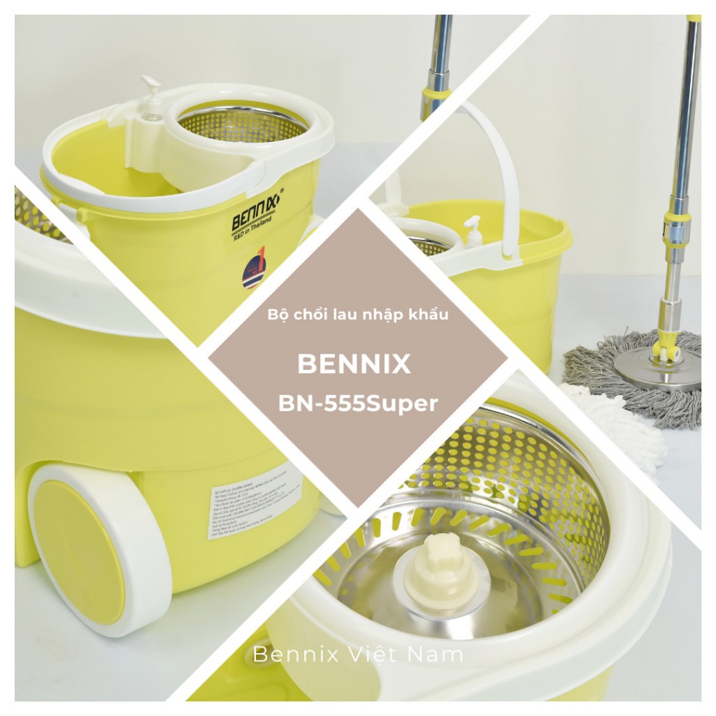 Chổi lau nhà 360 độ kèm thùng tự vắt có lồng inox chống gỉ Bennix BN-555 Super (Tặng kèm móc treo chổi)