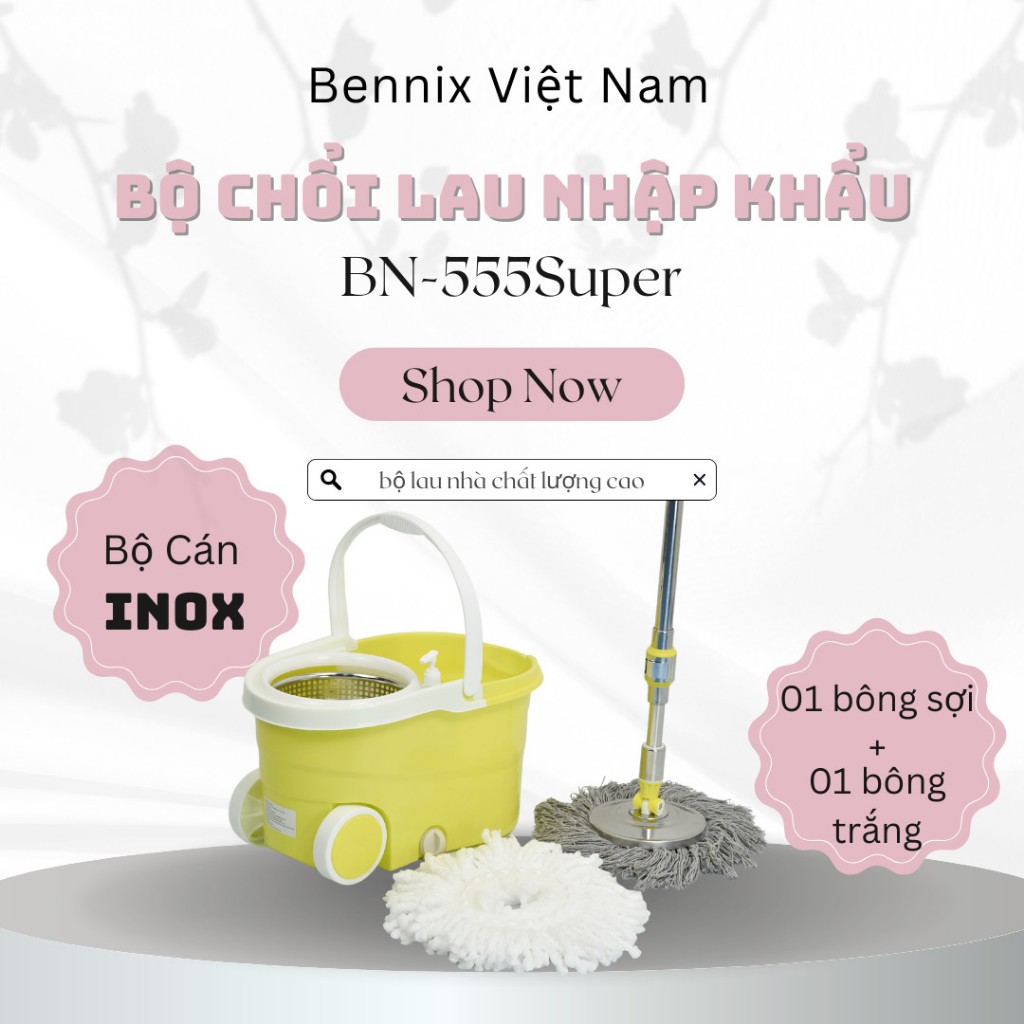 Chổi lau nhà 360 độ kèm thùng tự vắt có lồng inox chống gỉ Bennix BN-555 Super (Tặng kèm móc treo chổi)