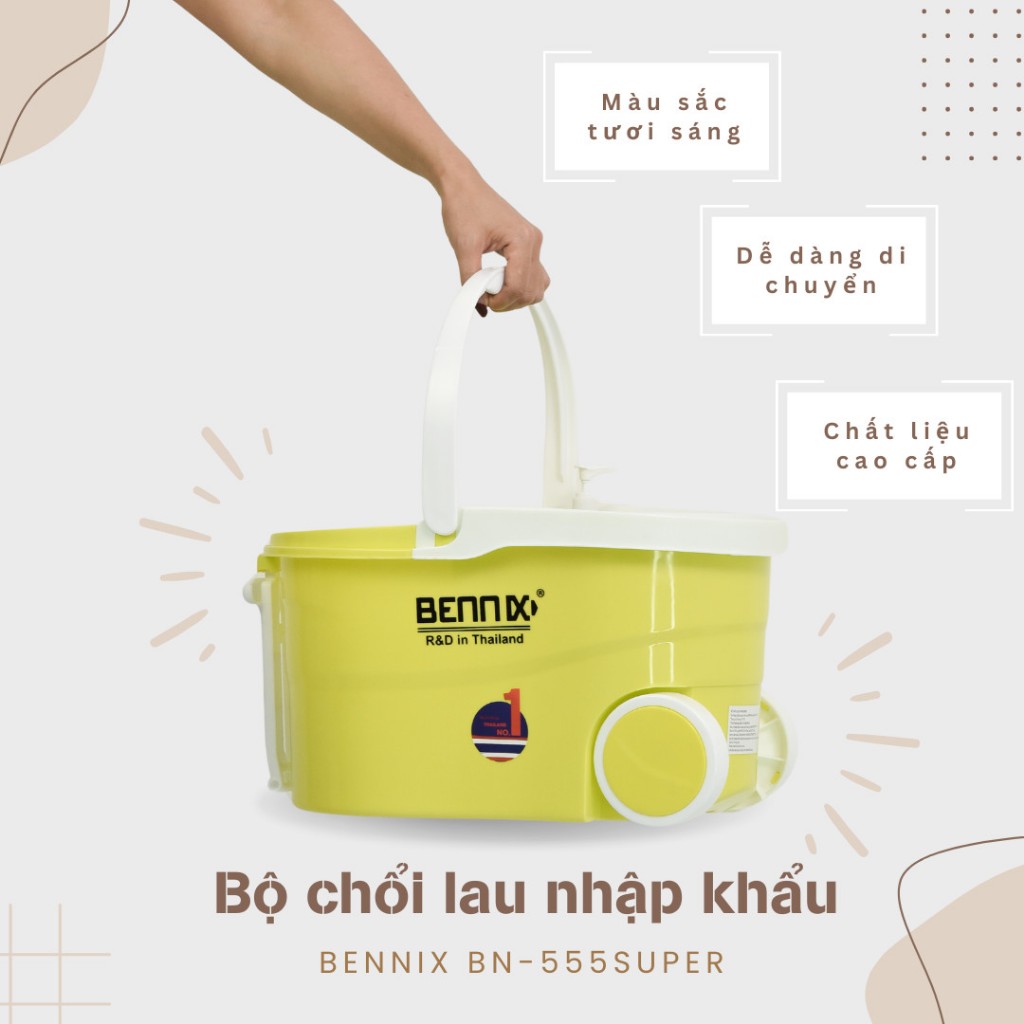 Chổi lau nhà 360 độ kèm thùng tự vắt có lồng inox chống gỉ Bennix BN-555 Super (Tặng kèm móc treo chổi)