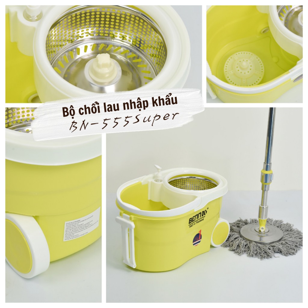 Chổi lau nhà 360 độ kèm thùng tự vắt có lồng inox chống gỉ Bennix BN-555 Super (Tặng kèm móc treo chổi)