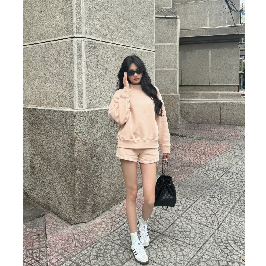 Bộ quần áo nỉ trơn oversize HHVINTAGE kiểu sweater short Set A107