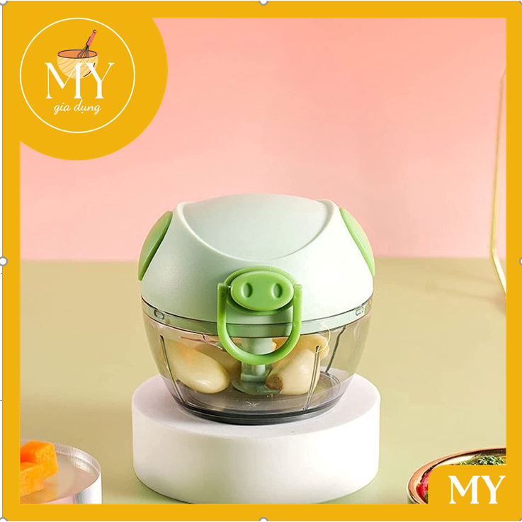 Dụng cụ xay tỏi ớt, xay đồ ăn dậm, xay đa năng dung tích 180ml cầm tay dạng kéo tiện lợi với hình thiết kế chú heo cute.