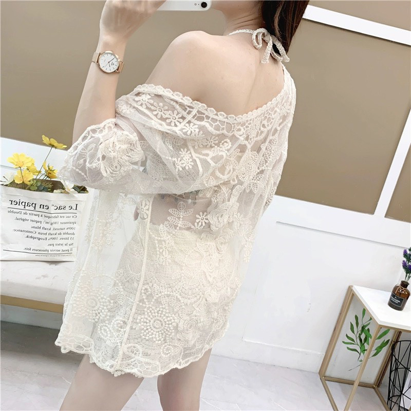 HH10-Ship hoả tốc-Set bikini ren đi biển 3 món bra yếm hạt mix quần sóc tầng giả váy và khoác hoa (có tách rời)
