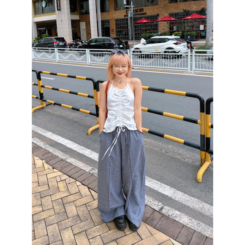 Quần dài linen ống rộng kẻ sọc Remmus cho nữ