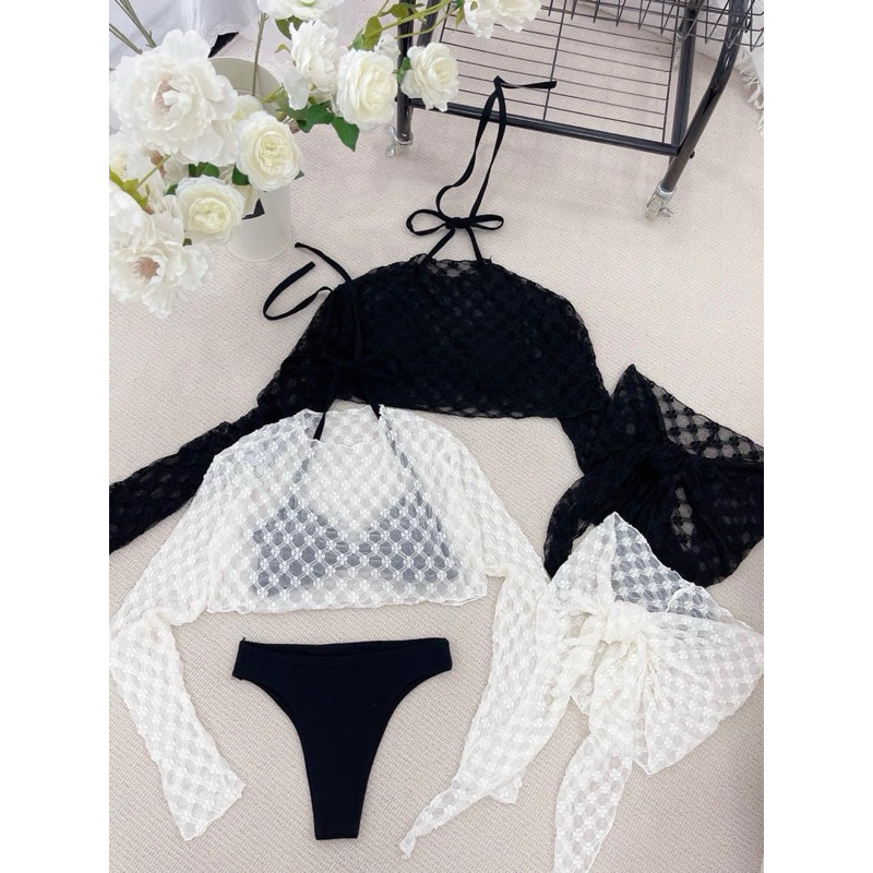 Set Bikini Đồ Bơi Nữ 4 Chi Tiết Áo Lưới Chồng Khăn Quấn Lưới Sang Chành 2024 BELLA