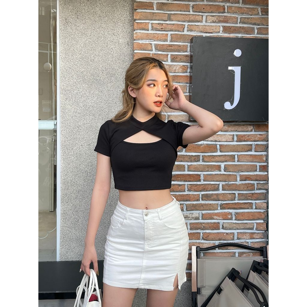 Set áo croptop bo gân tay ngắn mix áo 2 dây BORAM SG