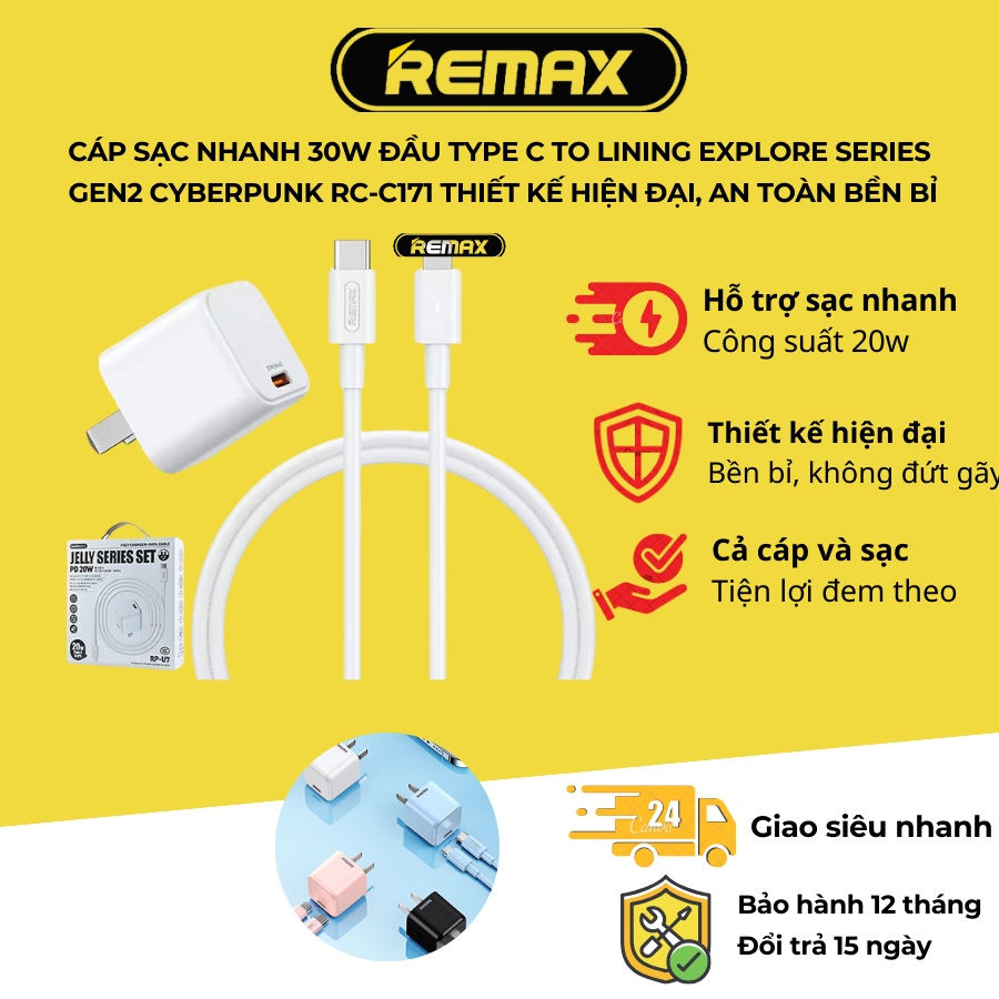 Combo sạc nhanh 20w dành cho Ip.h Remax RP-U7 sử dụng công nghệ Gan sạc ...