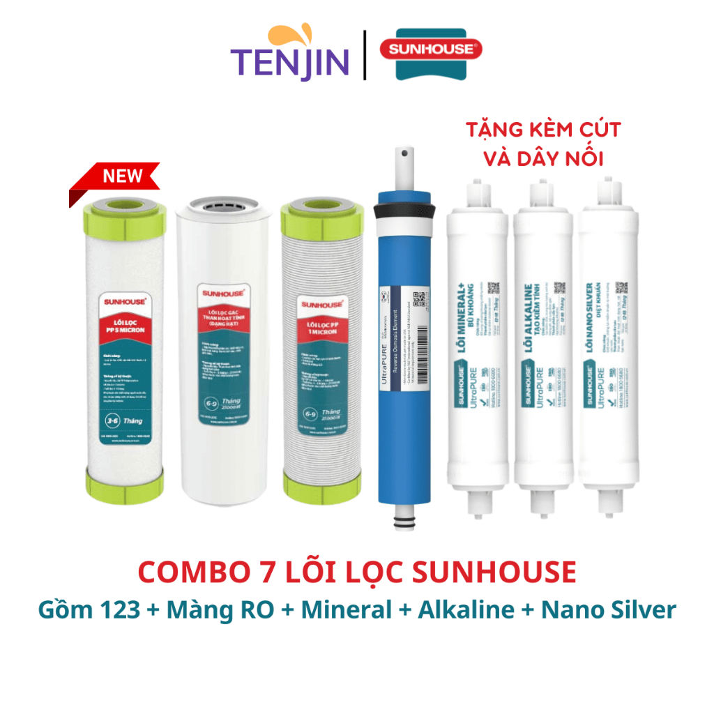 Combo 7 Lõi Lọc Nước SUNHOUSE Mới Cắm Nhanh Chính Hãng Model SHA8866K, SHA8868K Gồm 123 + Màng RO V7 + Mineral Alka Nano