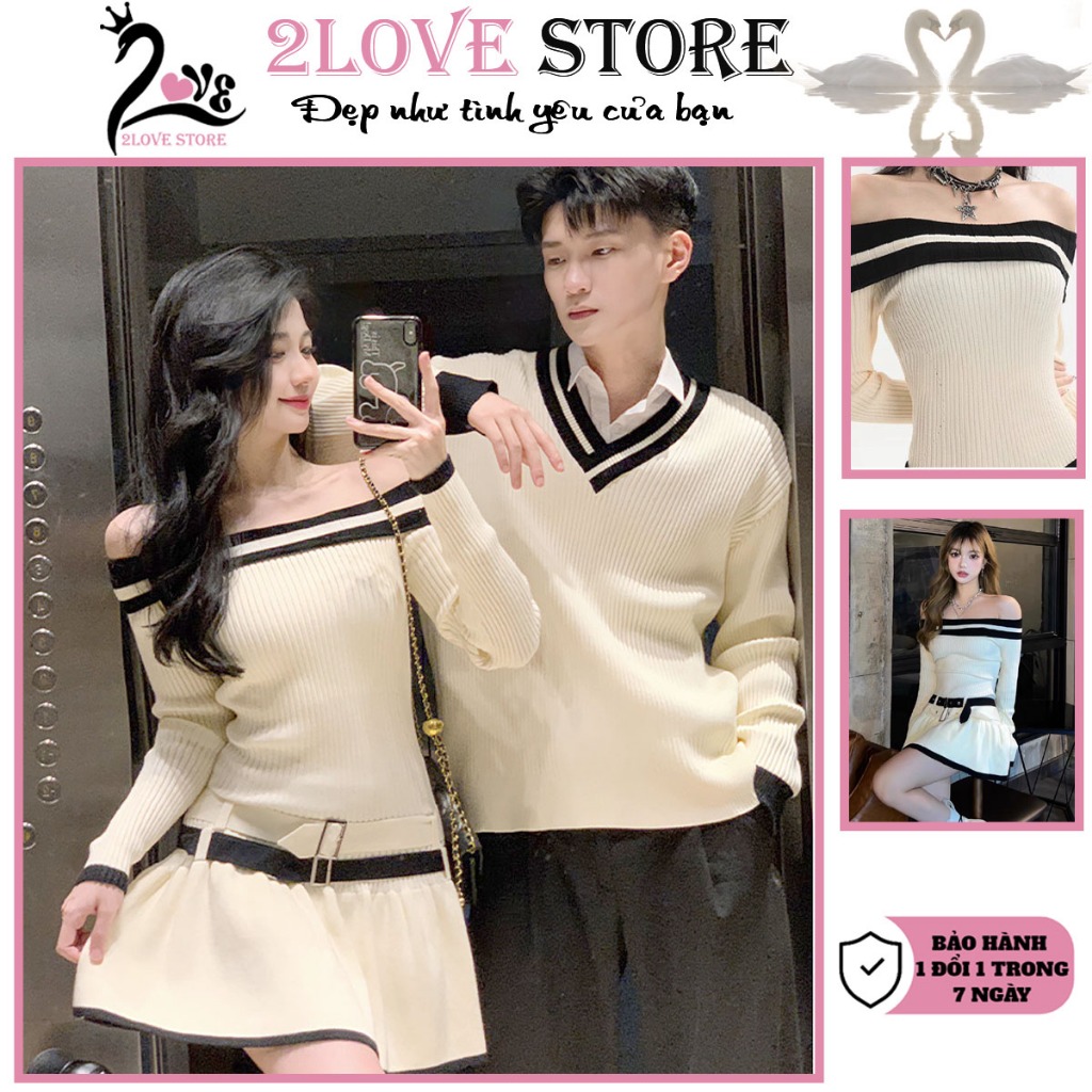 Đồ đôi nam nữ bộ đồ couple 2Love váy trễ vai nữ và áo len dài nam mùa ...